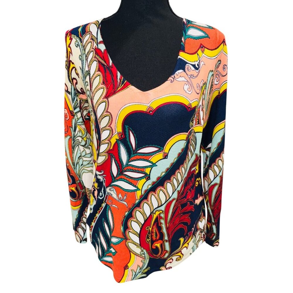 NWOT Chicos Artisan Print V-neck Pullover Sweater Vibrant Abstract Print S Boho